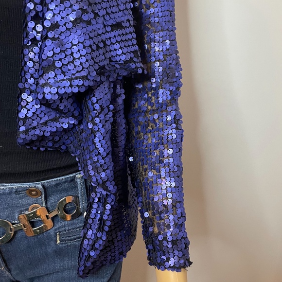 Vintage royal blue sequin layered shawl sweater jacket w ruffles in front 👑 - Picture 7 of 15